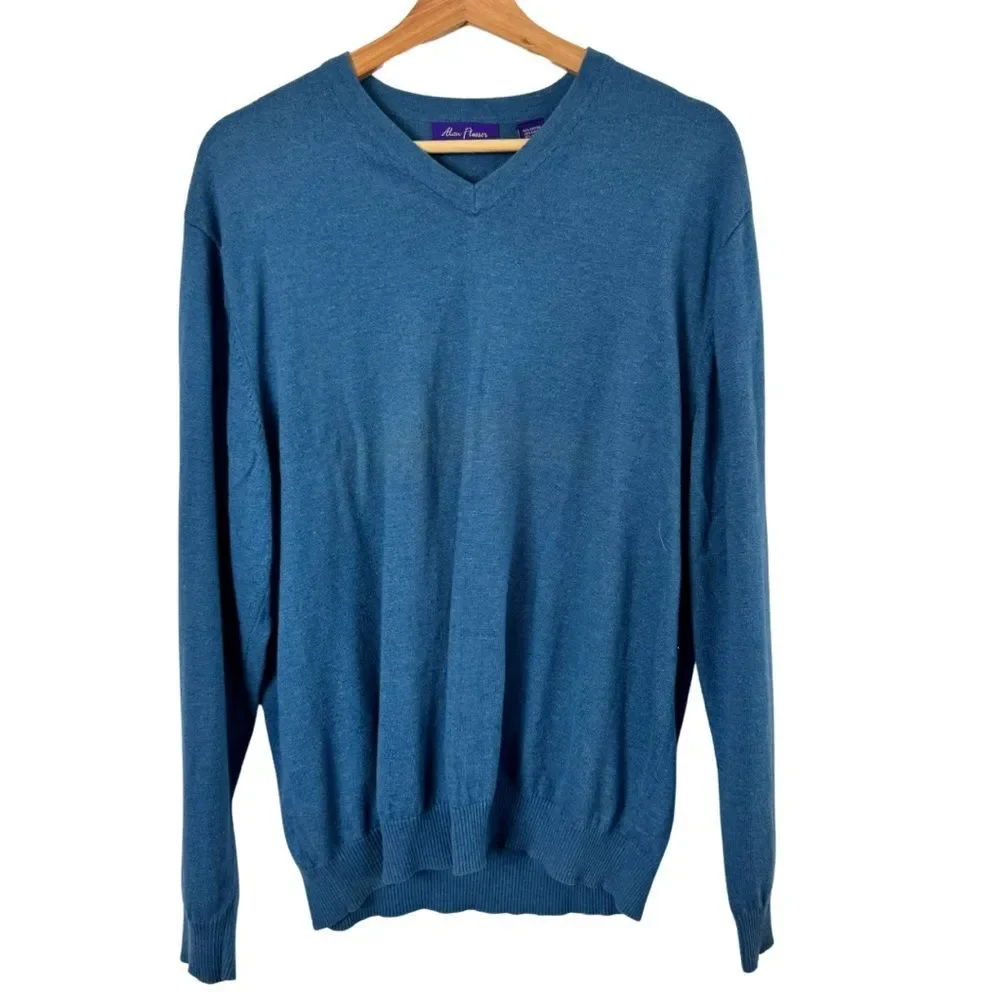 Alan Flusser Blue Cotton Blend V-Neck Sweater Men’s Size XL